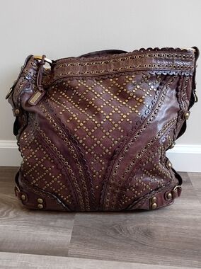 Isabella Fiore Vintage Y2K Leather Gold Studded Grommet Hobo Shoulder Handbag